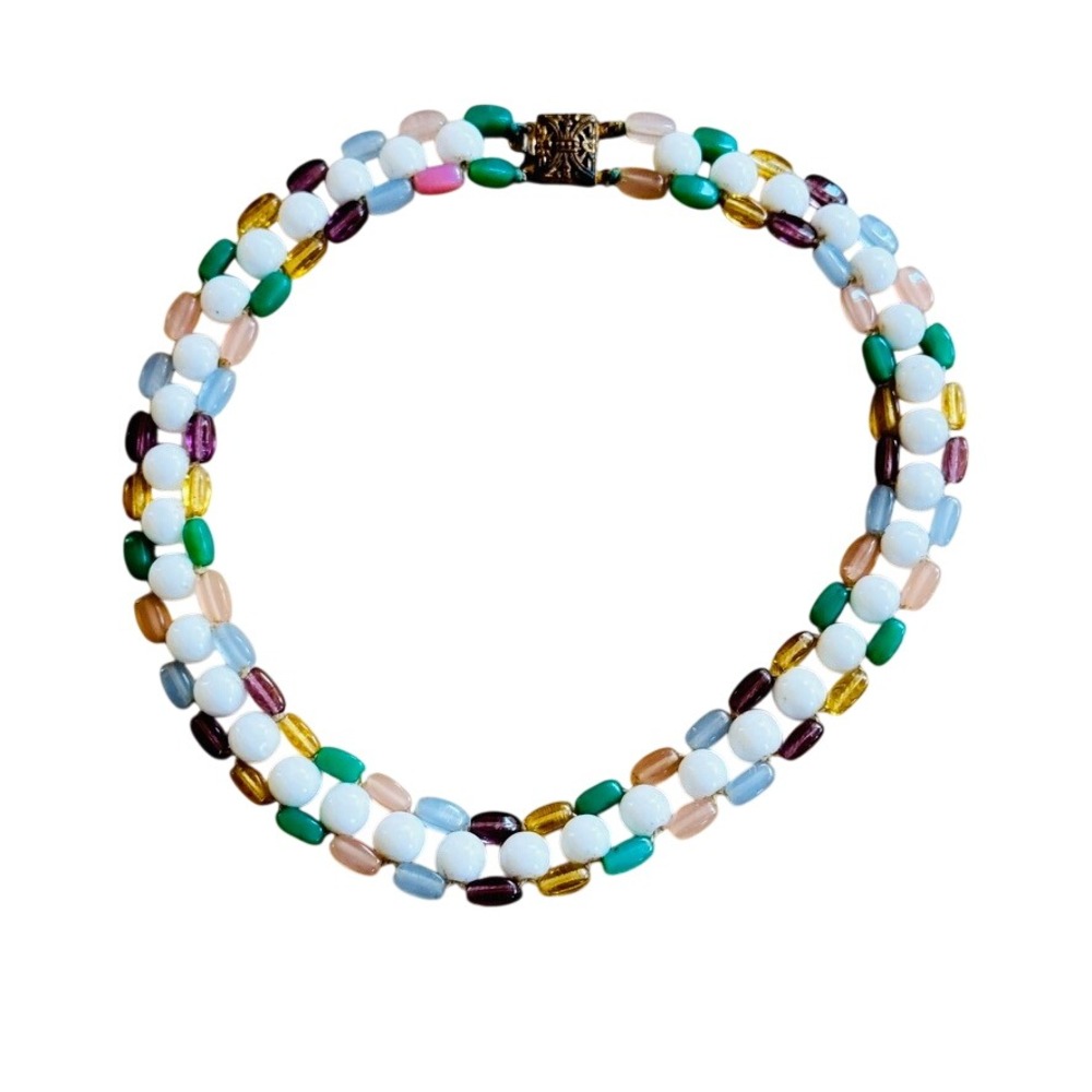 Vtg Milk Glass Flapper Necklace Colorful Pastel Venetian Art Deco 20s Italy 15"